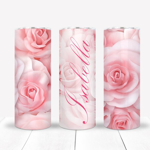 Pink Tumbler, Custom Name Romantic Floral Women Girls Mug, Sweet 16, Quincenera - Picture 1 of 5